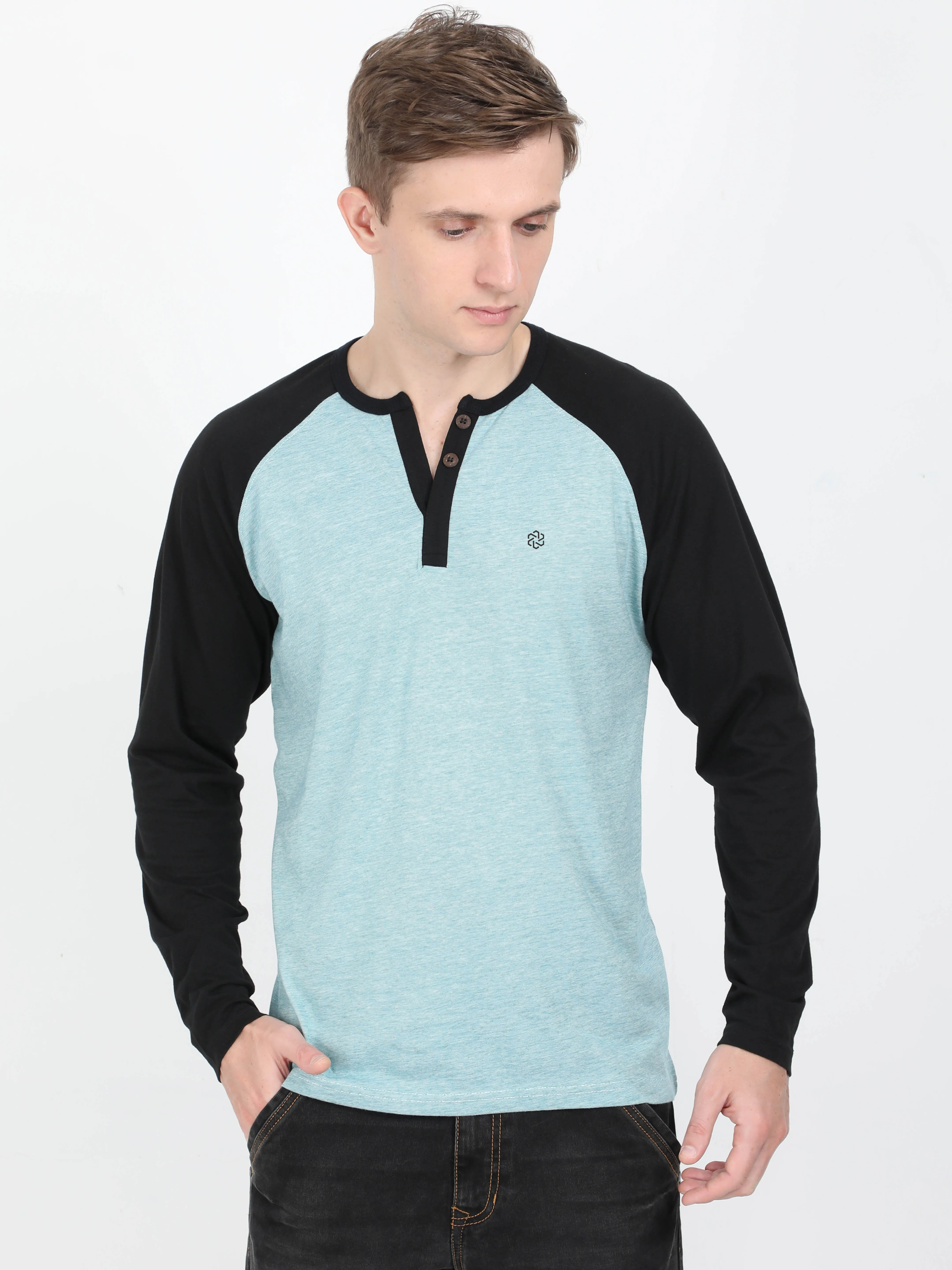 Men's rPET with Recycled Cotton Round Neck Henley Raglan TShirt