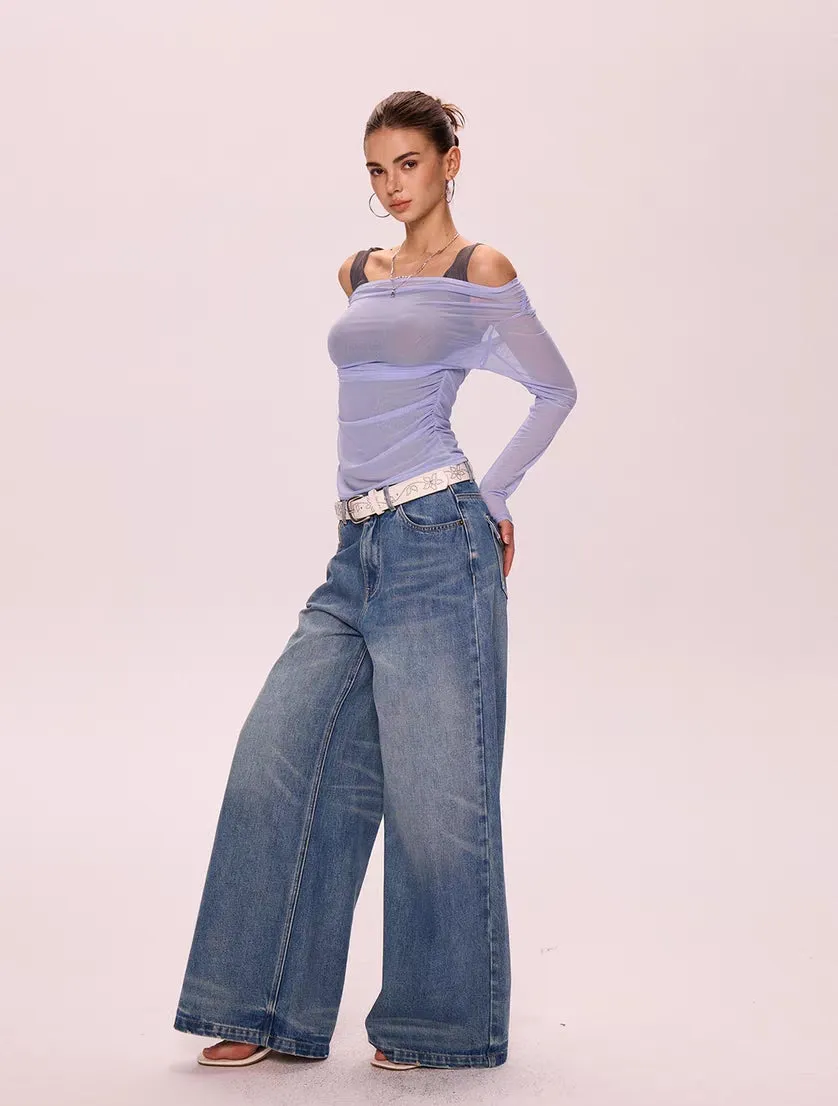 Sheer Mesh Off-Shoulder Two-in-One Top