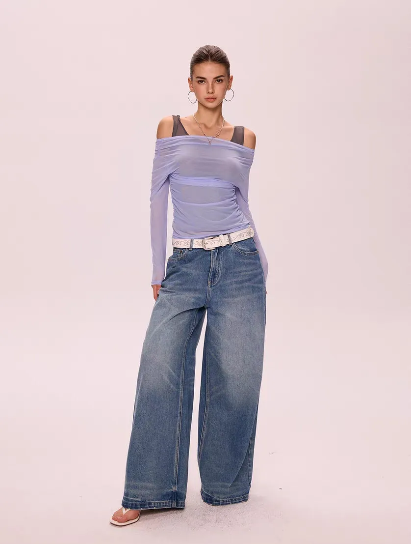 Sheer Mesh Off-Shoulder Two-in-One Top