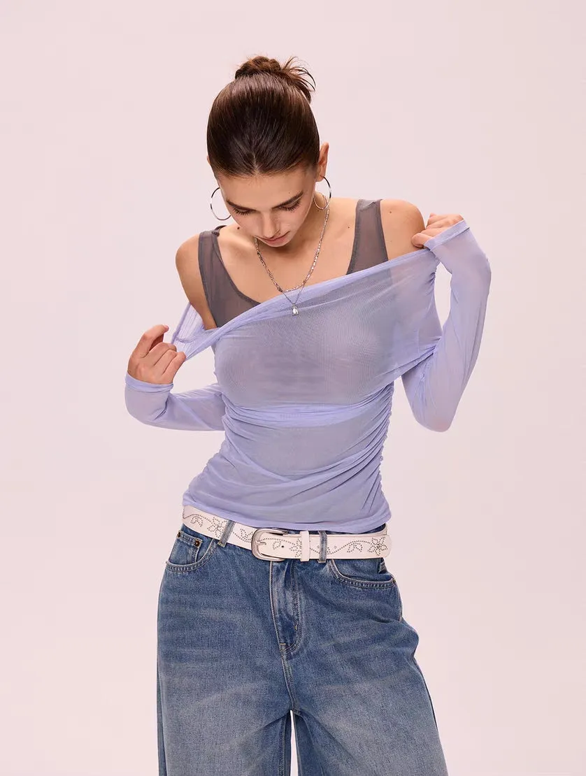 Sheer Mesh Off-Shoulder Two-in-One Top