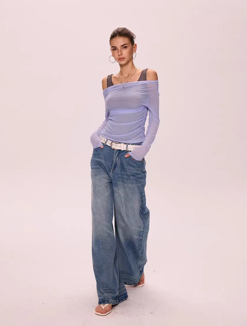 Sheer Mesh Off-Shoulder Two-in-One Top
