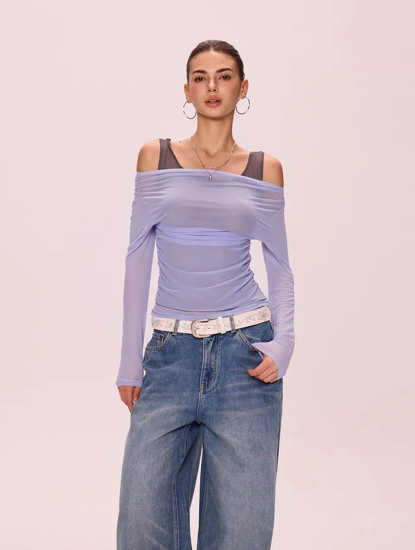 Sheer Mesh Off-Shoulder Two-in-One Top