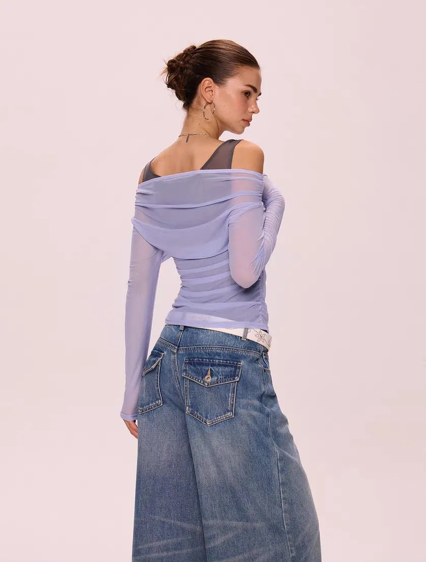 Sheer Mesh Off-Shoulder Two-in-One Top