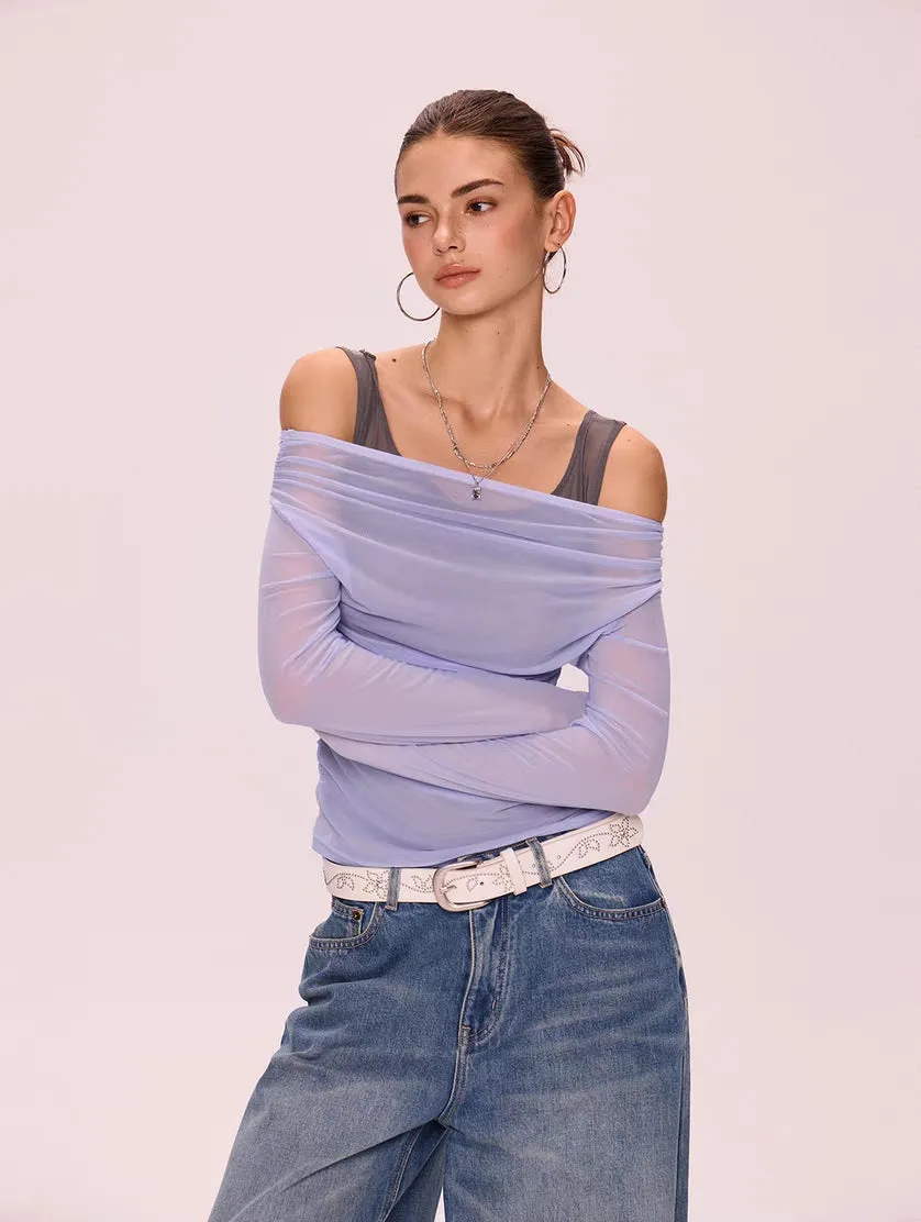 Sheer Mesh Off-Shoulder Two-in-One Top