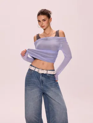 Sheer Mesh Off-Shoulder Two-in-One Top
