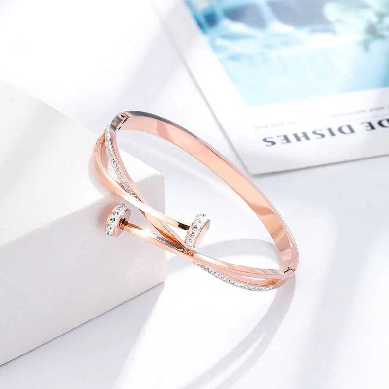 Unique Double Crystal Nail Head Cross Stainless Steel Bracelet